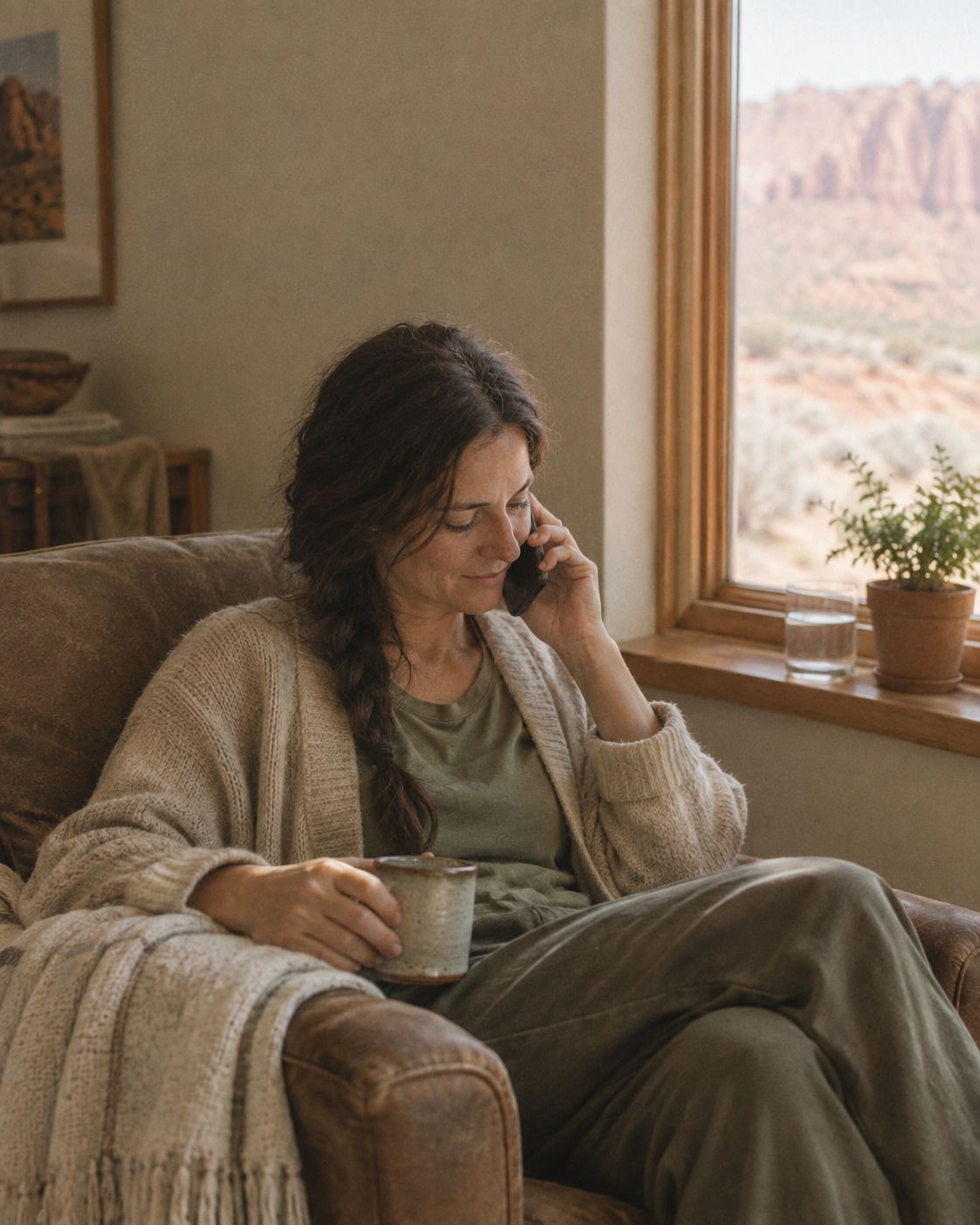 A woman in an armchair by a sunny window, talking on the phone with a mug in her hand.