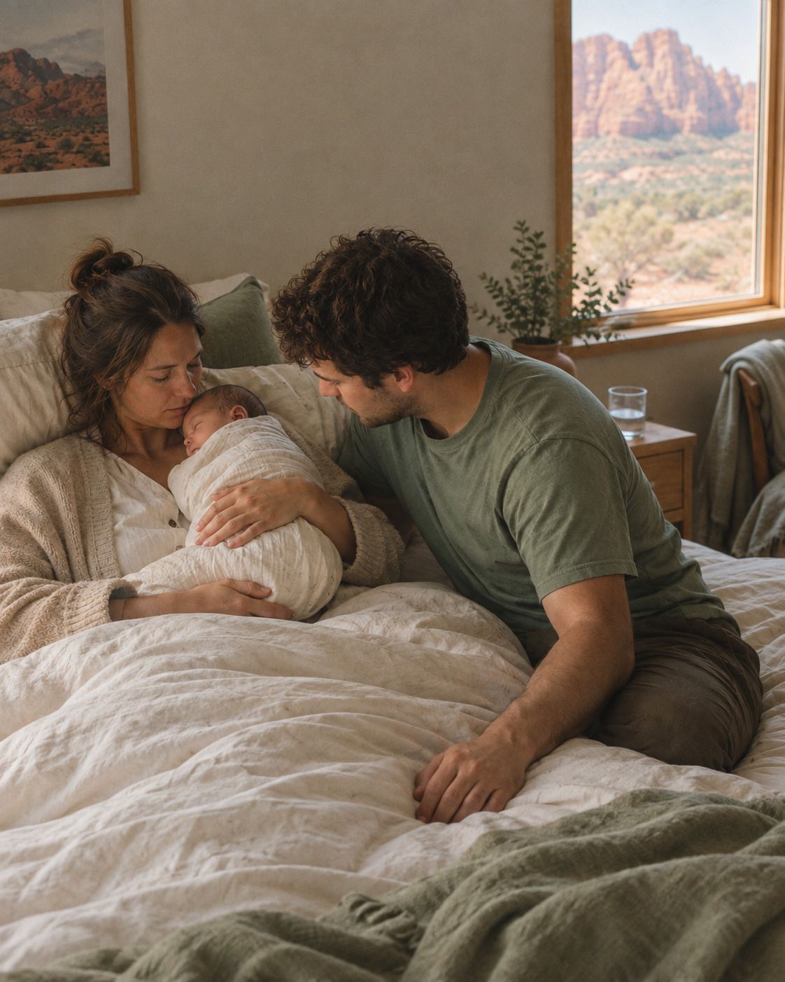 A mother resting in bed holding her swaddled newborn while her partner leans in close.